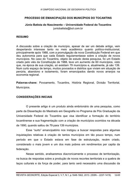 Processo De Emancipa O Dos Munic Pios Do Tocantins Docslib