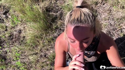 Super Cute Blonde Babe Sucking Big Cock Outdoor