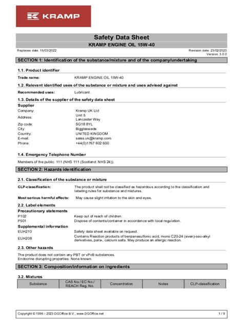 Motor Oil Kendall Safety Data Sheet