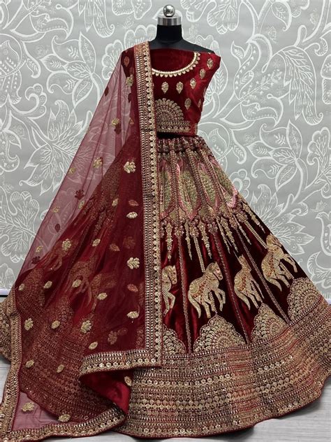 Buy Maroon Metallic Zari Velvet Bridal Lehenga Choli From Ethnic Plus