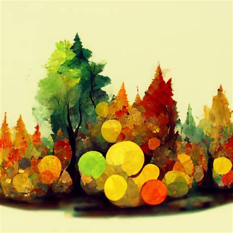 Autumn Forest Landscape Colorful Watercolor Painting Of Fall Season