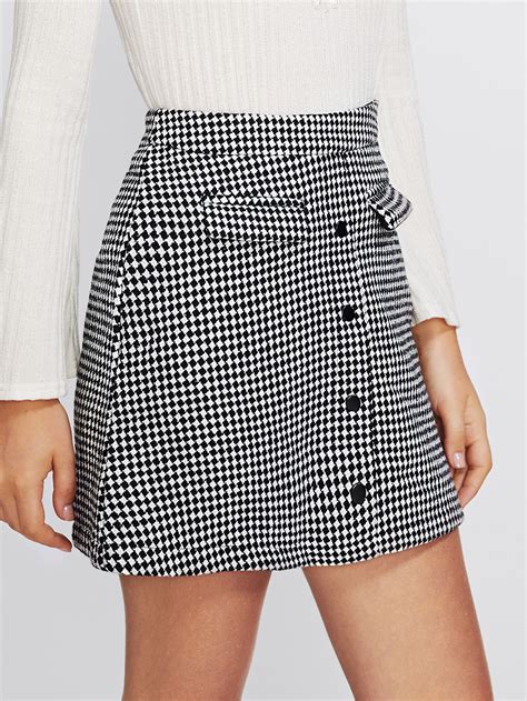 Non Functional Pocket Button Up Checkered Skirt Sheinsheinside