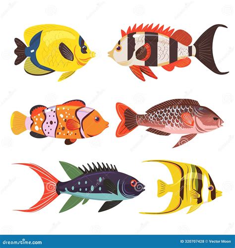 Six Colorful Tropical Fish Illustrations Isolated White Background