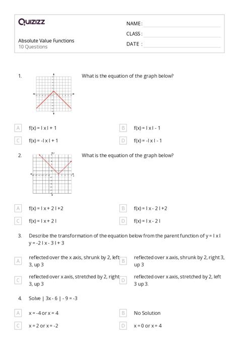 50 Absolute Value Equations Functions And Inequalities Worksheets For 11th Grade On Quizizz