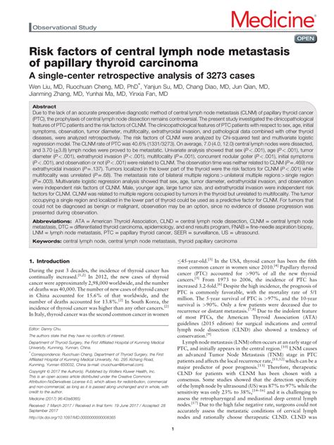 Pdf Risk Factors Of Central Lymph Node Metastasis Of Papillary Thyroid Carcinoma A Single