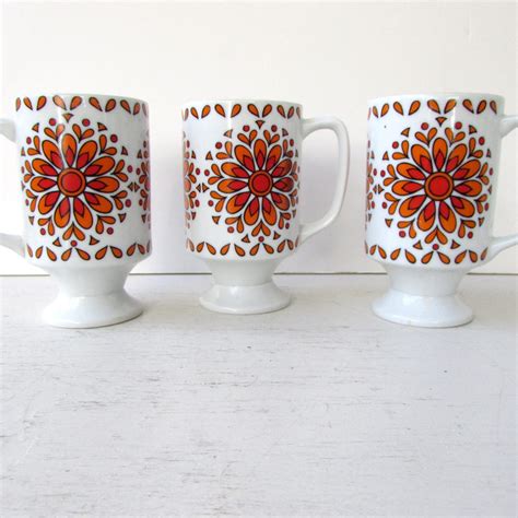 Vintage Groovy Coffee Mugs Abstract Orange Floral Design White And