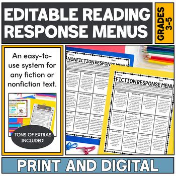 Reading Response Journal Menus Digital Editable Tpt