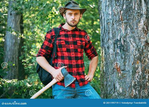 Handsome Man With Axe Stylish Young Man Posing Like Lumberjack