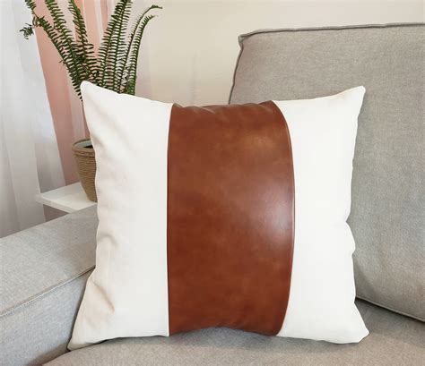 Brown Faux Leather Pillow Cover White and Cognac Faux Leather - Etsy ...