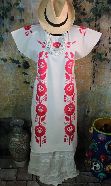 Huipil Dress Kaftan Peach White Hand Embroidered Flowers Huautla