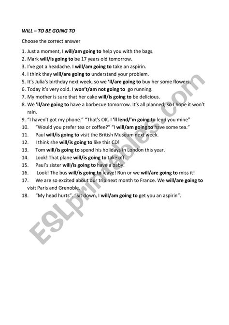 Will Or Going To Esl Worksheet By Lullabyxx