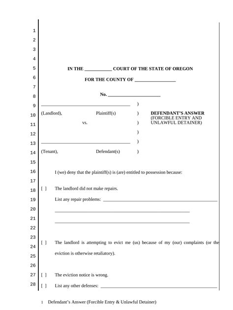 Defendants Answer Forcible Entry And Unlawful Detainer Oregon Form Fill Out And Sign Printable