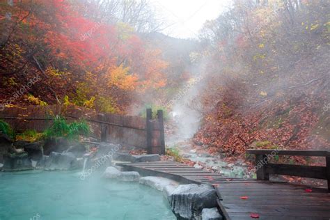 Aguas Termales Japonesas Onsen Natural Bath Rodeado De Hojas Rojo