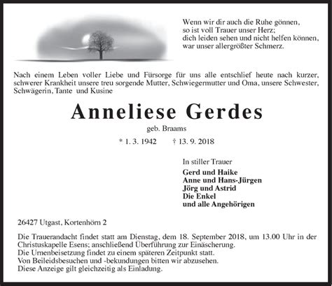 Traueranzeigen Von Anneliese Gerdes Nordwest Trauer De