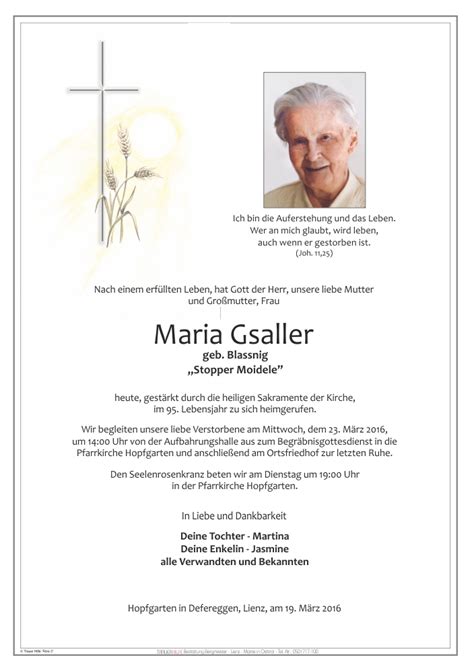 Todesanzeige Maria Gsaller Trauer Link