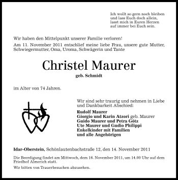 Traueranzeigen Von Christel Maurer Rz Trauer De