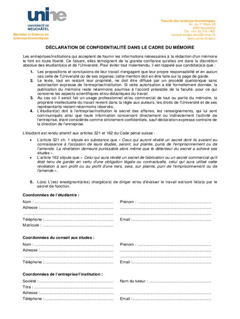 Fillable Online DCLARATION DE CONFIDENTIALIT DANS LE CADRE DU MMOIRE