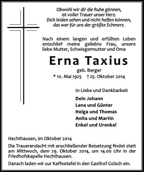 Erna Taxius Traueranzeige Cuxhavener Nachrichten