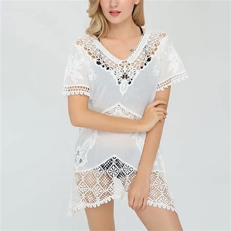 Hollow Up Sexy Lace Dress 2018 Women Summer See Through V Neck Short Sleeve Mini Dresses Holiday