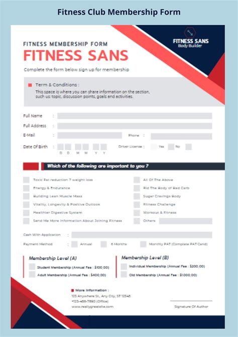 Fitness Club Registration Form Printable Gym Registration Form PDF