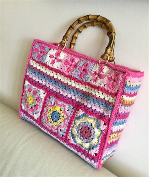 Borsa granny square ad uncinetto con manici in bambù grande borsa