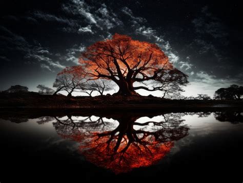 Premium AI Image An Orange Tree Is Reflected In Water