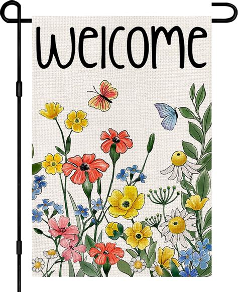 Spring Floral Welcome Garden Flag 12x18 Inch Double Sided Burlap Small