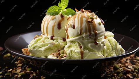 Premium Ai Image A Refreshing Ice Cream Sundae On A Wooden Plate Generated By Artificial