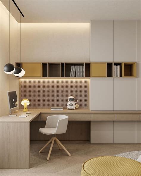 A Bedroom With A Bed Desk And Computer On The Wall Next To Bookshelves