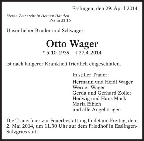 Traueranzeigen Von Otto Wager Zeit Des Gedenkens De