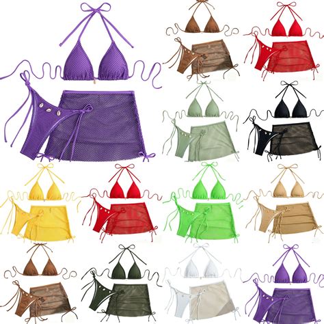 AHTJRT 3 Pieces Swimsuit For Women Mesh Fishnet Tie Side Triangle Bikini Sets Bandeau Halter