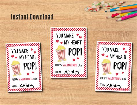 Printable Popcorn Valentine Cards, Popcorn Valentine Tag, Kids ...