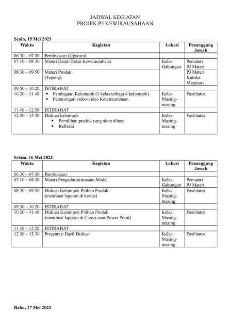 Jadwal Kegiatan Aaaa Jadwal Kegiatan Projek P Kewirausahaan Senin