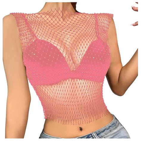 Chuou Crop Top For Women Sexy Rhinestone Mesh Tank Tops See Through