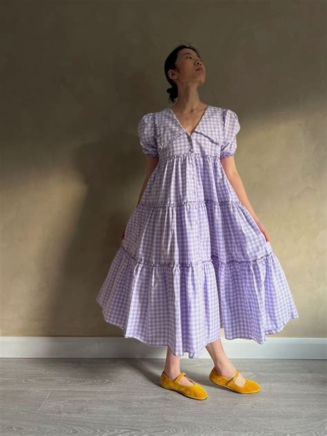 Gingham Palace Trifle Buttoned Down Midi Dress Lilac Gingham Gingham Outfit Shabby Chic