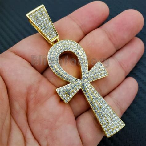 Hip Hop Iced Bling Cubic Zirconia K Gold Plated Large Ankh Bust Down