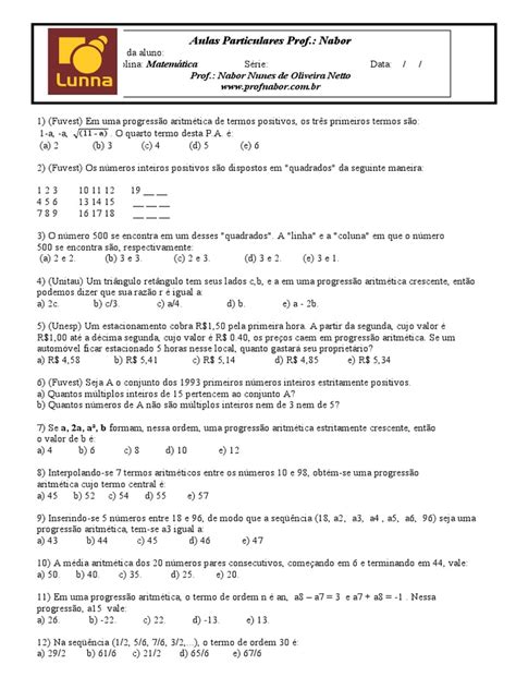 Progressão Aritmética Questões - Questões sobre Progressão Aritmética | PDF | Sequência | Analise matemática