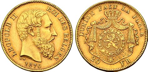 Belgien Königreich 20 Francs GOLD 1870 Leopold II 1865 1909 VF EF