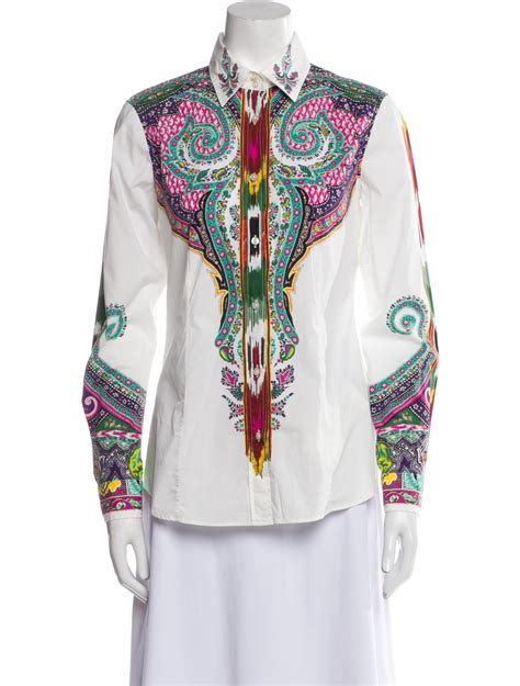 Etro Printed Long Sleeve Button Up Top White Tops Clothing