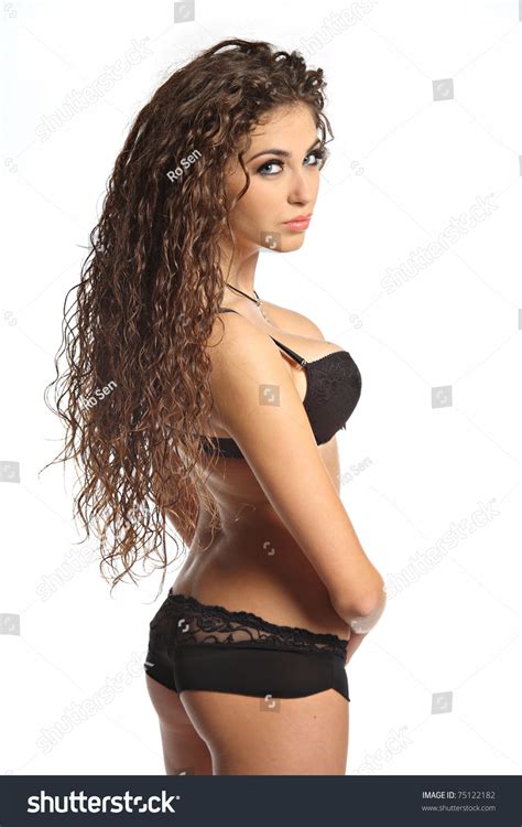 Sexy Girl In Black Lingerie On White Background Stock Photo