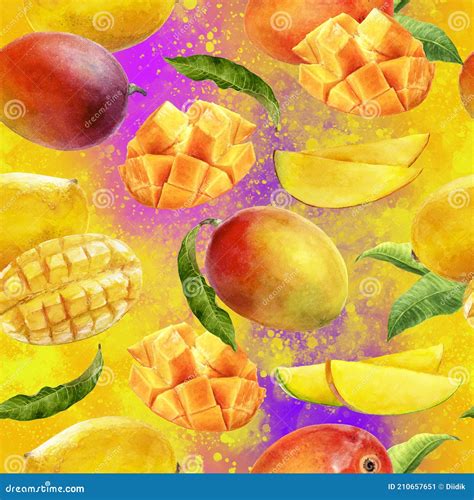 Watercolor Seamless Pattern Mango On A Color Background Stock Image