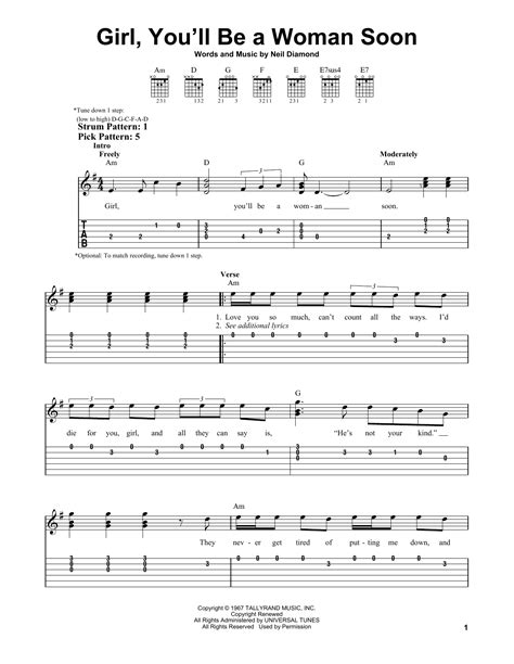 Girl You Ll Be A Woman Soon By Neil Diamond Sheet Music For Easy Guitar Tab At Sheet Music Direct