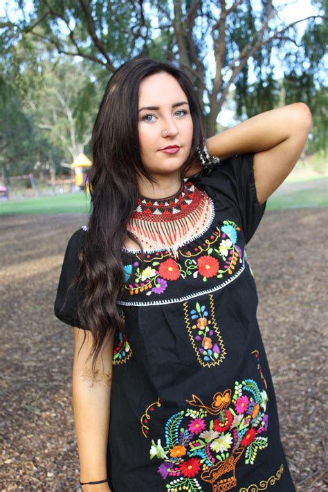 Mexican Off The Shoulder Mini Dress Hand Embroidered Black 100 Cotton