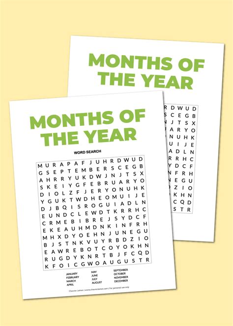 Printable Months Of The Year Word Search Chevron Lemon