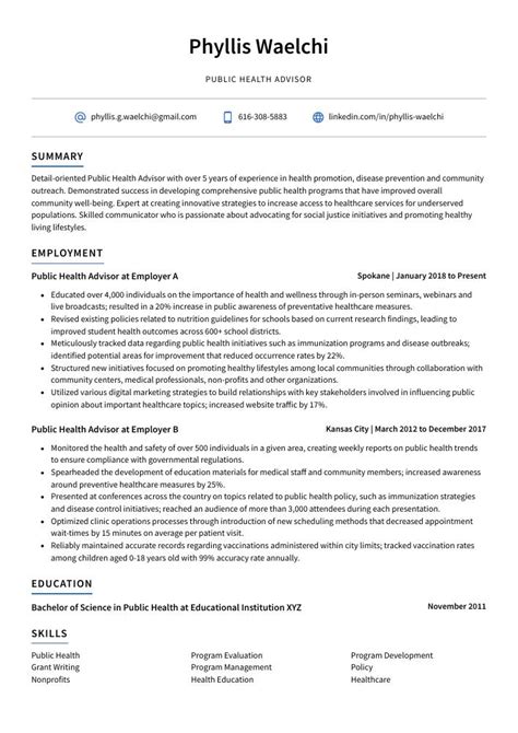 Public Health Advisor Resume CV Example And Writing Guide