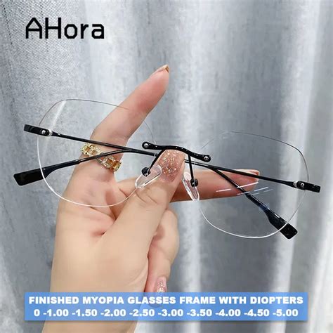 New Polygon Rimless Finished Myopia Eyeglasses Frame Women Oversized Clear Myopic Computer