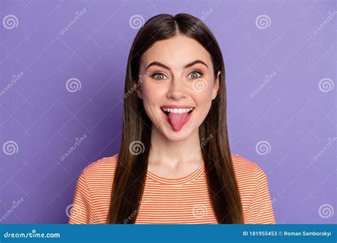 Closeup Photo Of Pretty Lady Sticking Tongue Out Mouth Teasing Friends