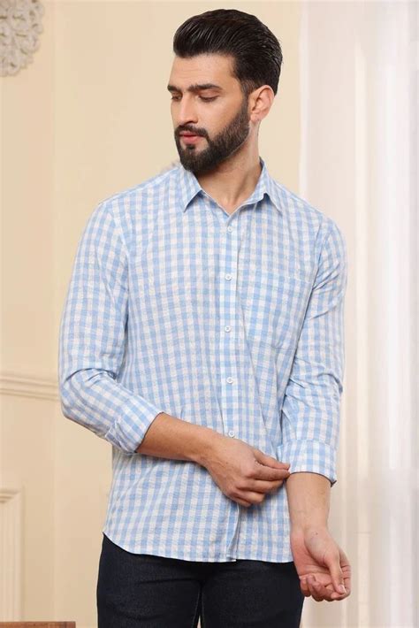 Small Checks Oxford Shirt Blue Check Cotton Shirt Full Sleeves Formal