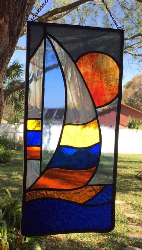 Handmade Stained Glass Sailboat Scene Sunset Panel Summer Time Etsy