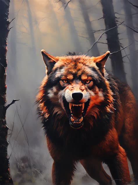 An Oil Painting Of A Monstrous Giant Red Wolf Snarling By Casey Sherman